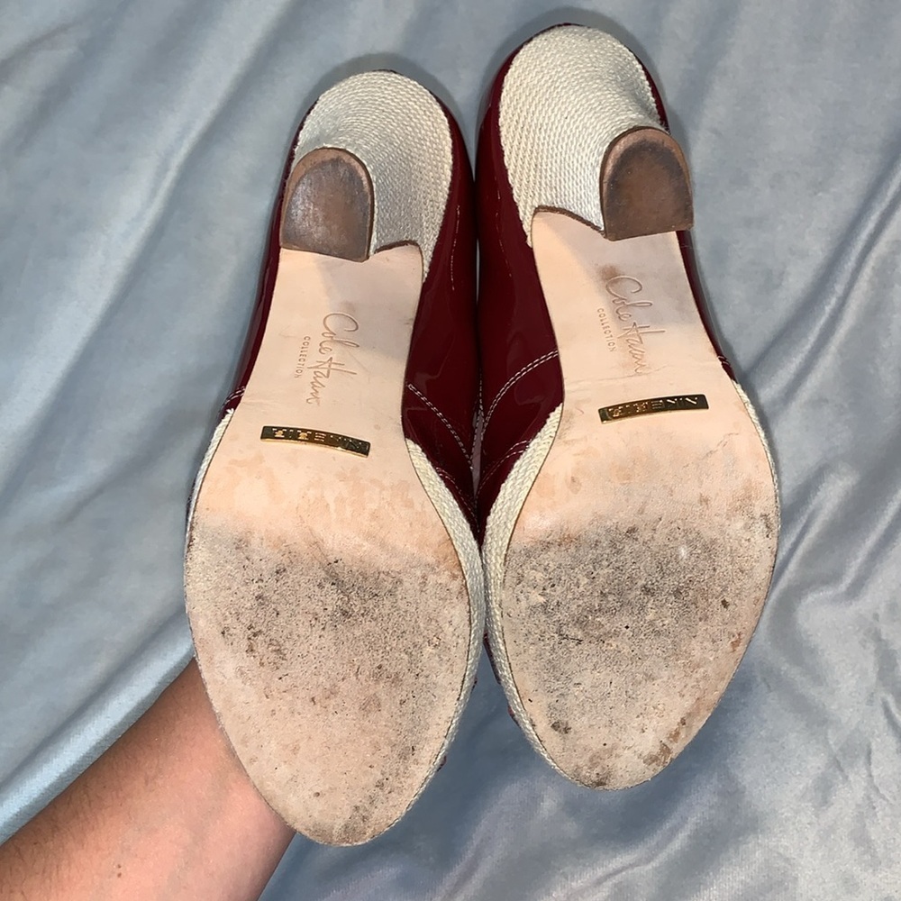 Cole Haan Red Patent Leather Peep Toe burlap fabric heel criss cross Nike  9.5 - Picture 5 of 6